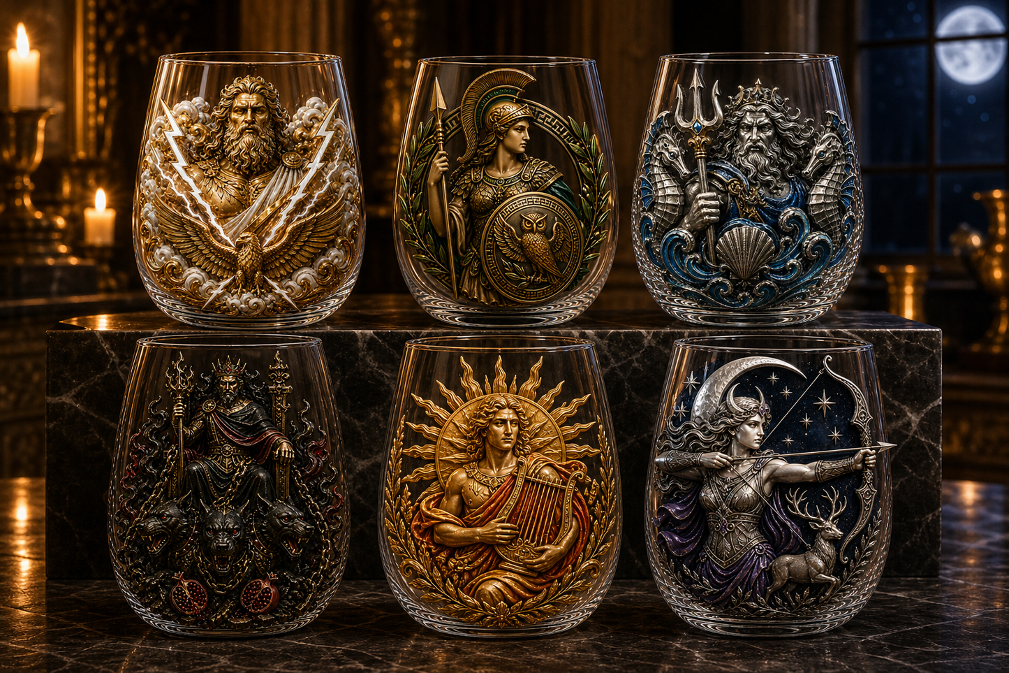⚡ Mythic Pantheon 3D Glass Collection – Raised Greek Gods Art Cup, Collectible Mythology Drinkware & Legendary Gift