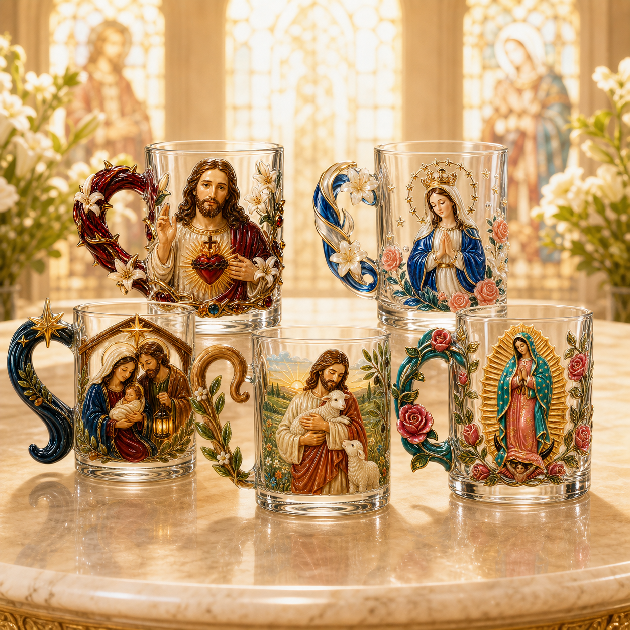 ✝️✨ 3D Sacred Faith Glass Mug | Raised Jesus & Virgin Mary Sculptural Glass Art Cup – 12 oz Christian Gift