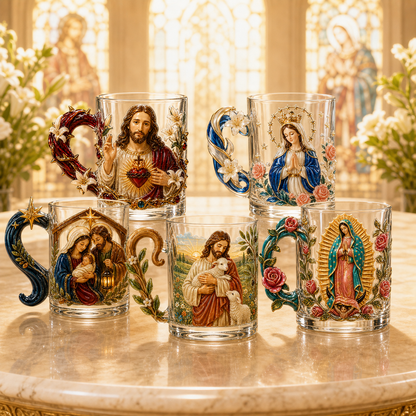 ✝️✨ 3D Sacred Faith Glass Mug | Raised Jesus & Virgin Mary Sculptural Glass Art Cup – 12 oz Christian Gift