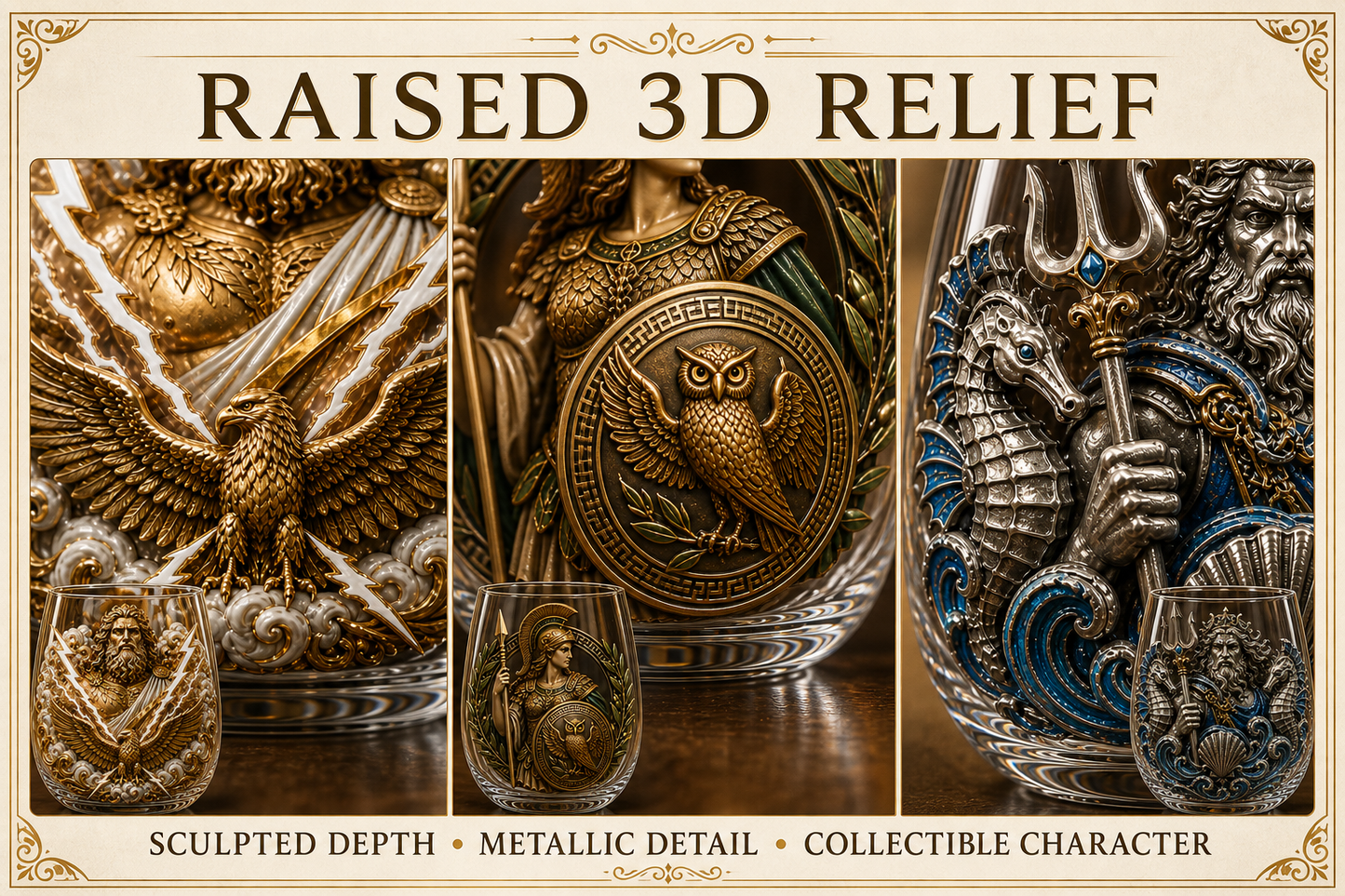 ⚡ Mythic Pantheon 3D Glass Collection – Raised Greek Gods Art Cup, Collectible Mythology Drinkware & Legendary Gift