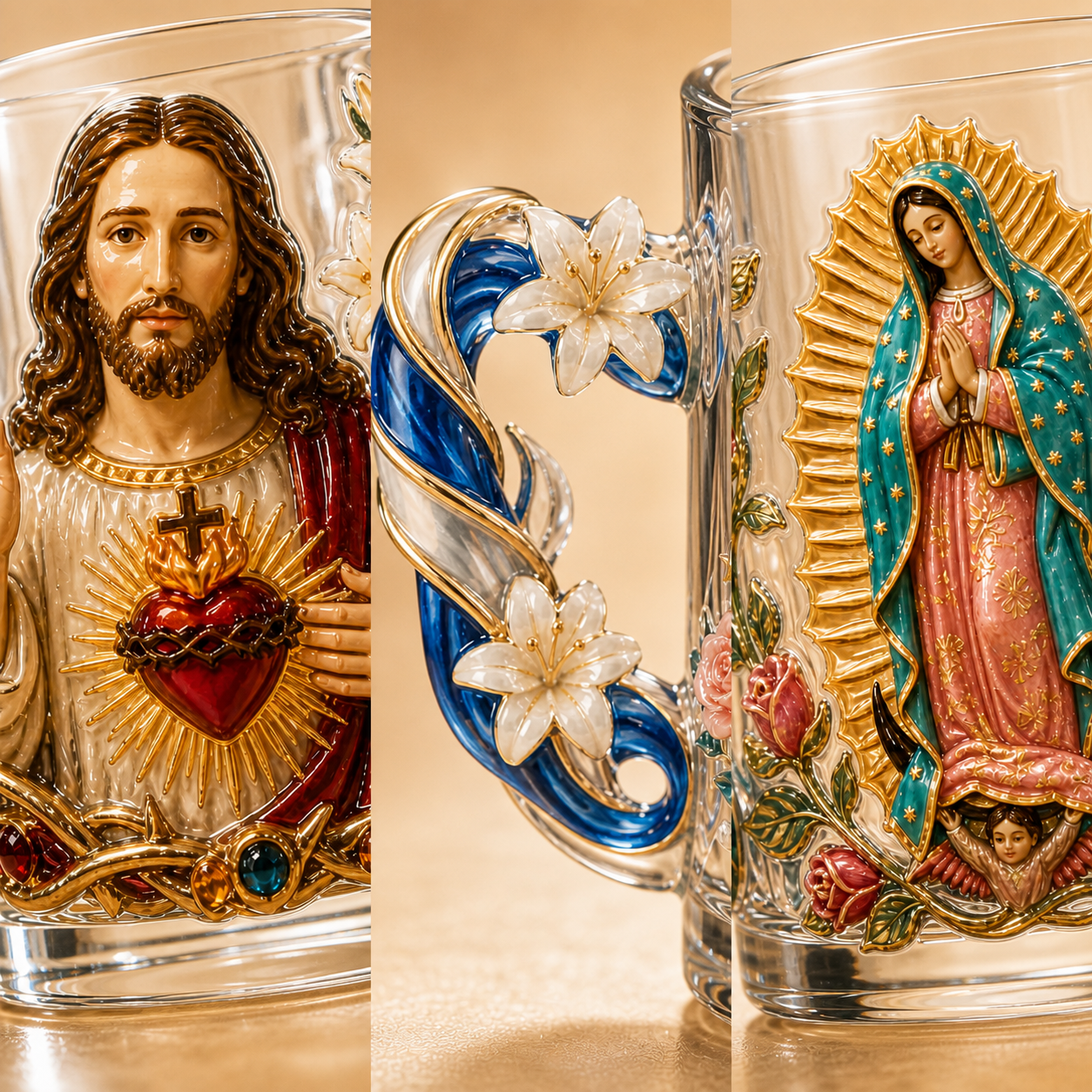 ✝️✨ 3D Sacred Faith Glass Mug | Raised Jesus & Virgin Mary Sculptural Glass Art Cup – 12 oz Christian Gift
