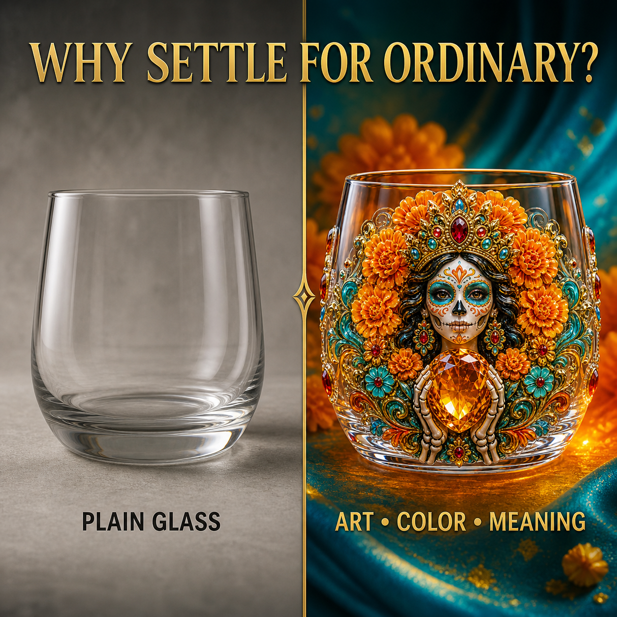 💀🌼 Día de los Muertos Crystal Glass Art Cup | Bright Raised 3D Calavera Glassware for Whiskey, Home Décor & Meaningful Gifts 🎁