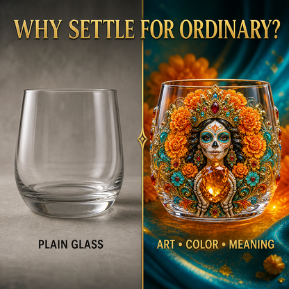 💀🌼 Día de los Muertos Crystal Glass Art Cup | Bright Raised 3D Calavera Glassware for Whiskey, Home Décor & Meaningful Gifts 🎁