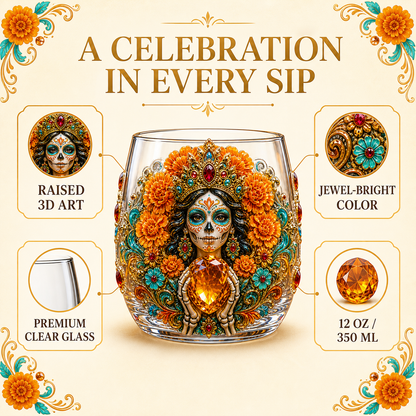 💀🌼 Día de los Muertos Crystal Glass Art Cup | Bright Raised 3D Calavera Glassware for Whiskey, Home Décor & Meaningful Gifts 🎁