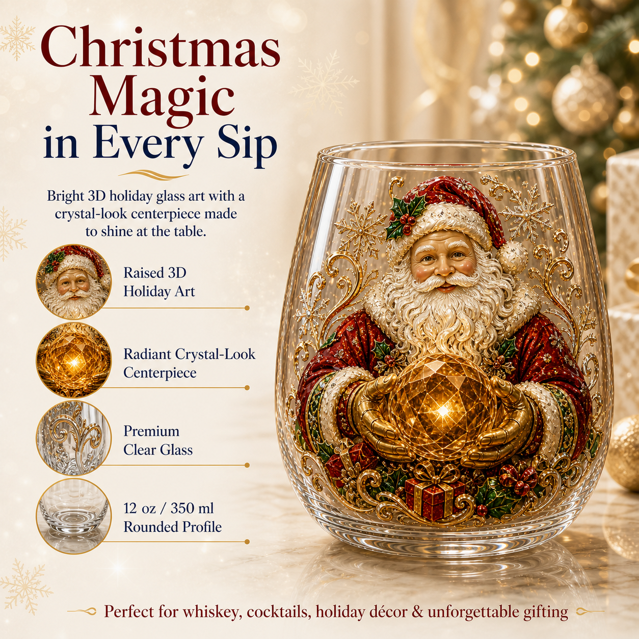 🎄✨ Enchanted Christmas Crystal Glass Art Cup | Bright Raised 3D Holiday Glassware for Whiskey, Festive Décor & Magical Gifts 🎁