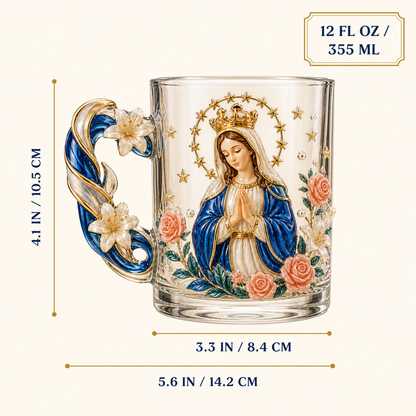 ✝️✨ 3D Sacred Faith Glass Mug | Raised Jesus & Virgin Mary Sculptural Glass Art Cup – 12 oz Christian Gift