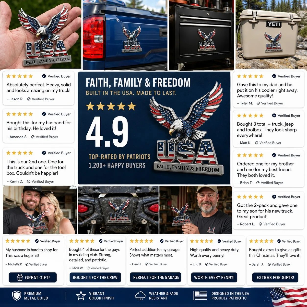 Buy 2 Get 1🔥 🇺🇸250th Anniversary - ★USA Faith, Family & Freedom★ Metal Emblem