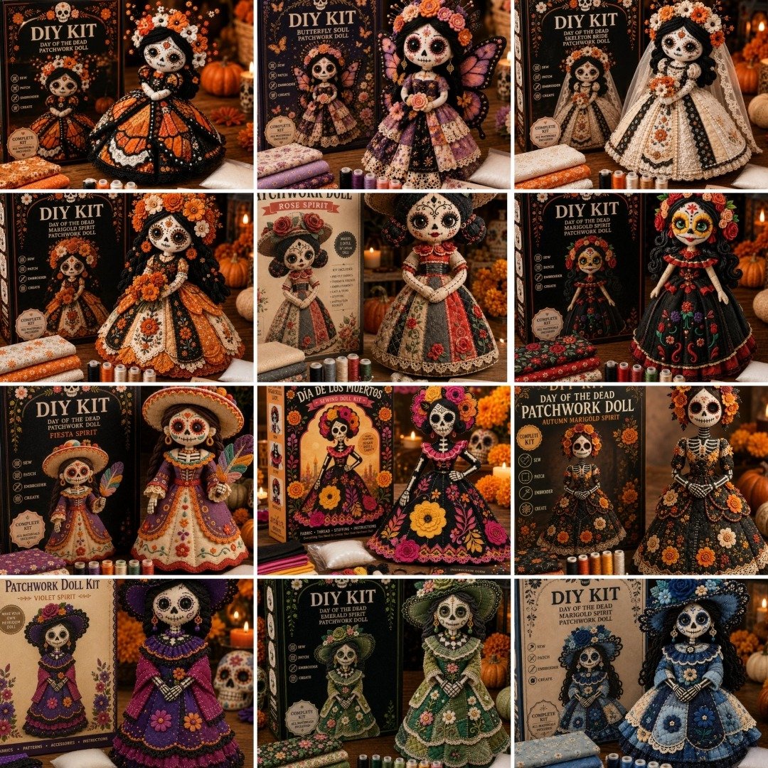 🔥 LAST DAY 50% OFF – Day of the Dead Patchwork Doll DIY Kit | Handmade Fabric Craft with Floral Details