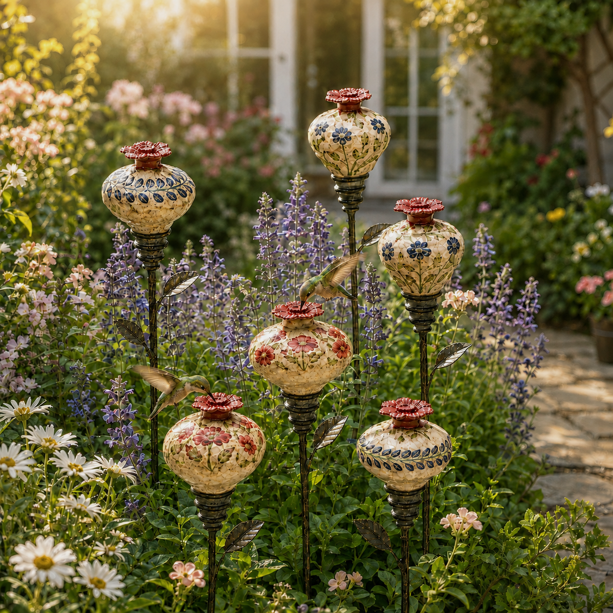 Ceramic hummingbird feeder stakes placed in a flowering garden