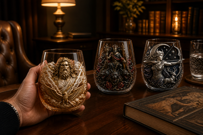 ⚡ Mythic Pantheon 3D Glass Collection – Raised Greek Gods Art Cup, Collectible Mythology Drinkware & Legendary Gift