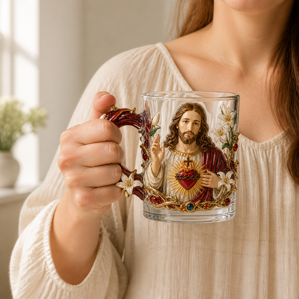 ✝️✨ 3D Sacred Faith Glass Mug | Raised Jesus & Virgin Mary Sculptural Glass Art Cup – 12 oz Christian Gift