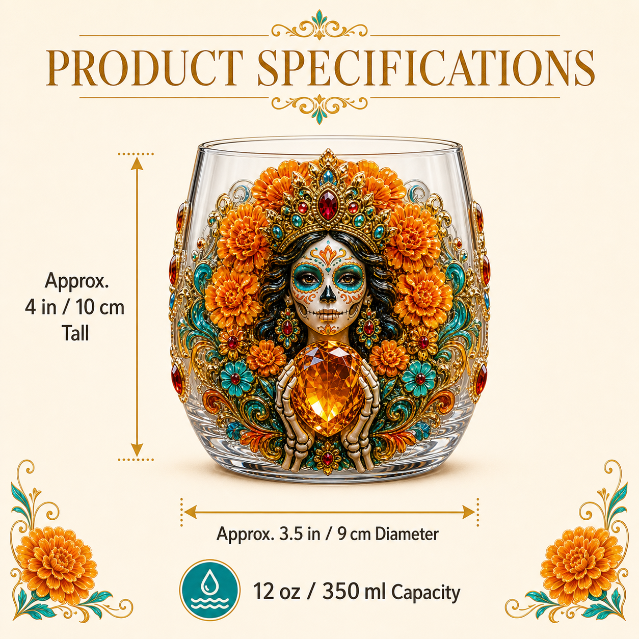 💀🌼 Día de los Muertos Crystal Glass Art Cup | Bright Raised 3D Calavera Glassware for Whiskey, Home Décor & Meaningful Gifts 🎁