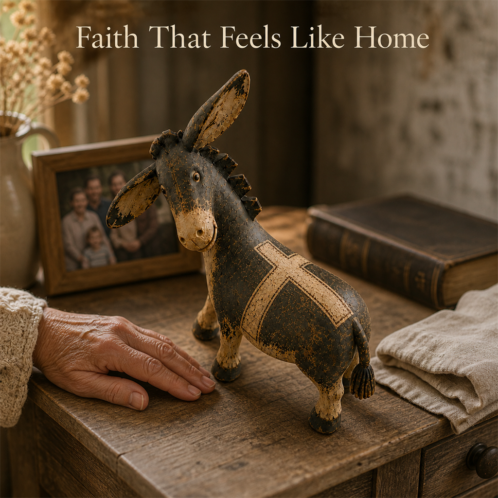 Faithful Donkey Keepsake displayed on a shelf in a rustic home