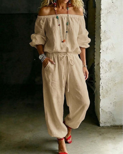 🌸 2026 Women’s Airy Linen-Style Two-Piece Set – Off-Shoulder Long Sleeve Top & Relaxed Wide-Leg Pants for Spring & Summer