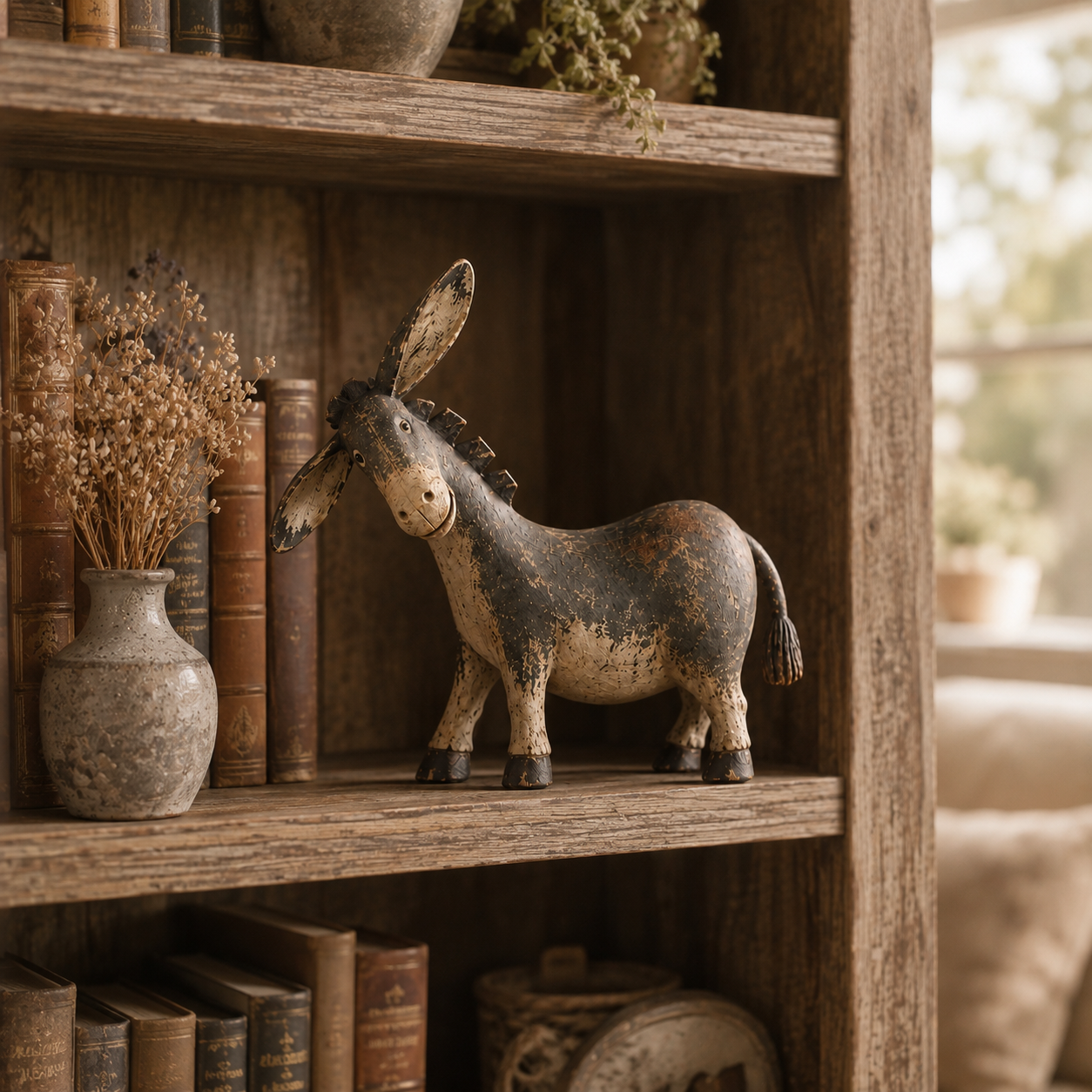 Close view of the donkey figurine face, tilted head, and raised ears