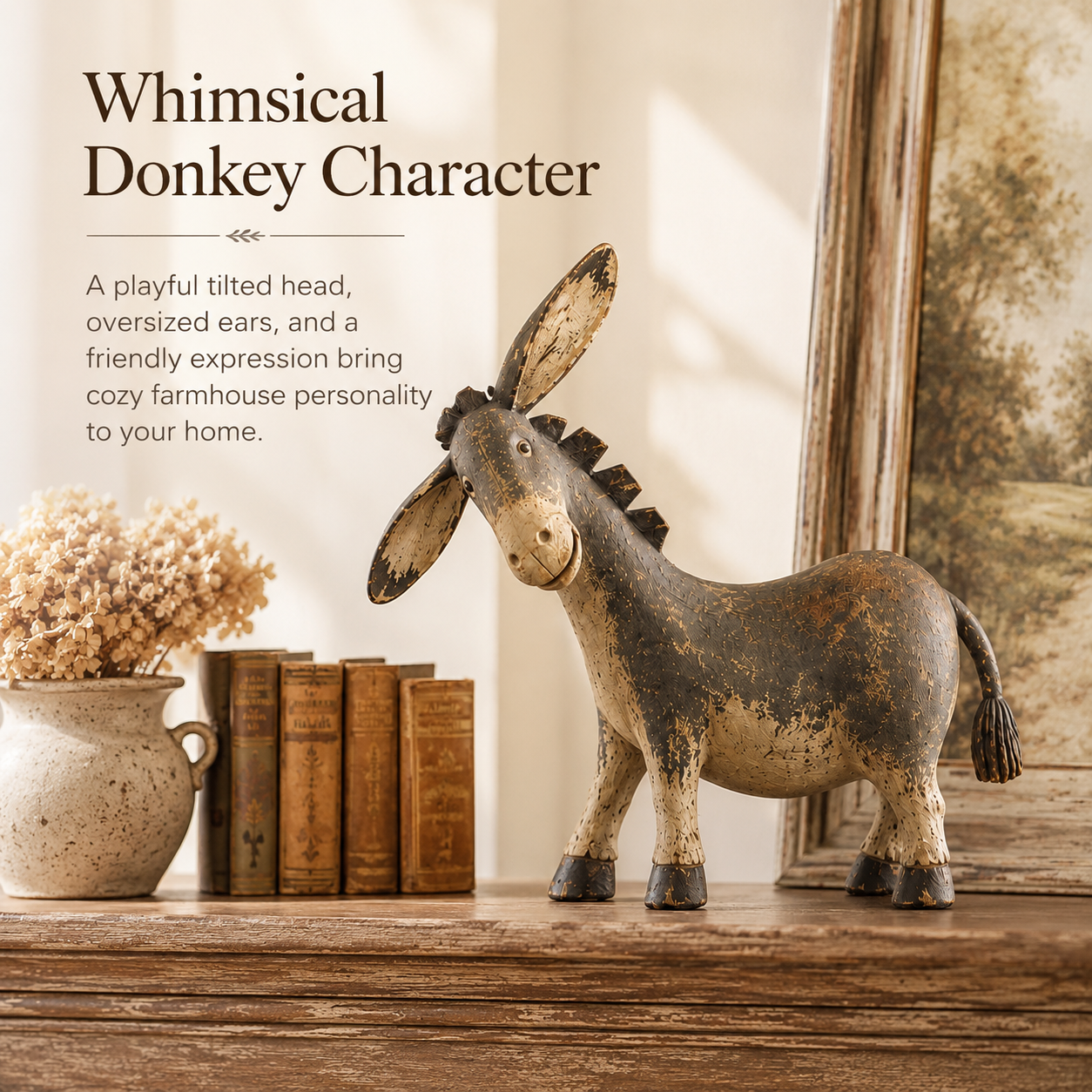 Detailed view of the donkey figurine distressed charcoal, ivory, and brown finish