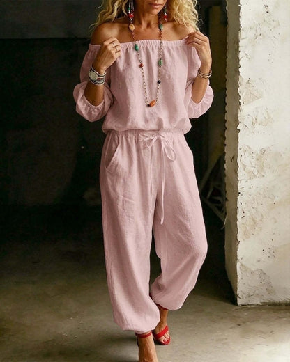 🌸 2026 Women’s Airy Linen-Style Two-Piece Set – Off-Shoulder Long Sleeve Top & Relaxed Wide-Leg Pants for Spring & Summer