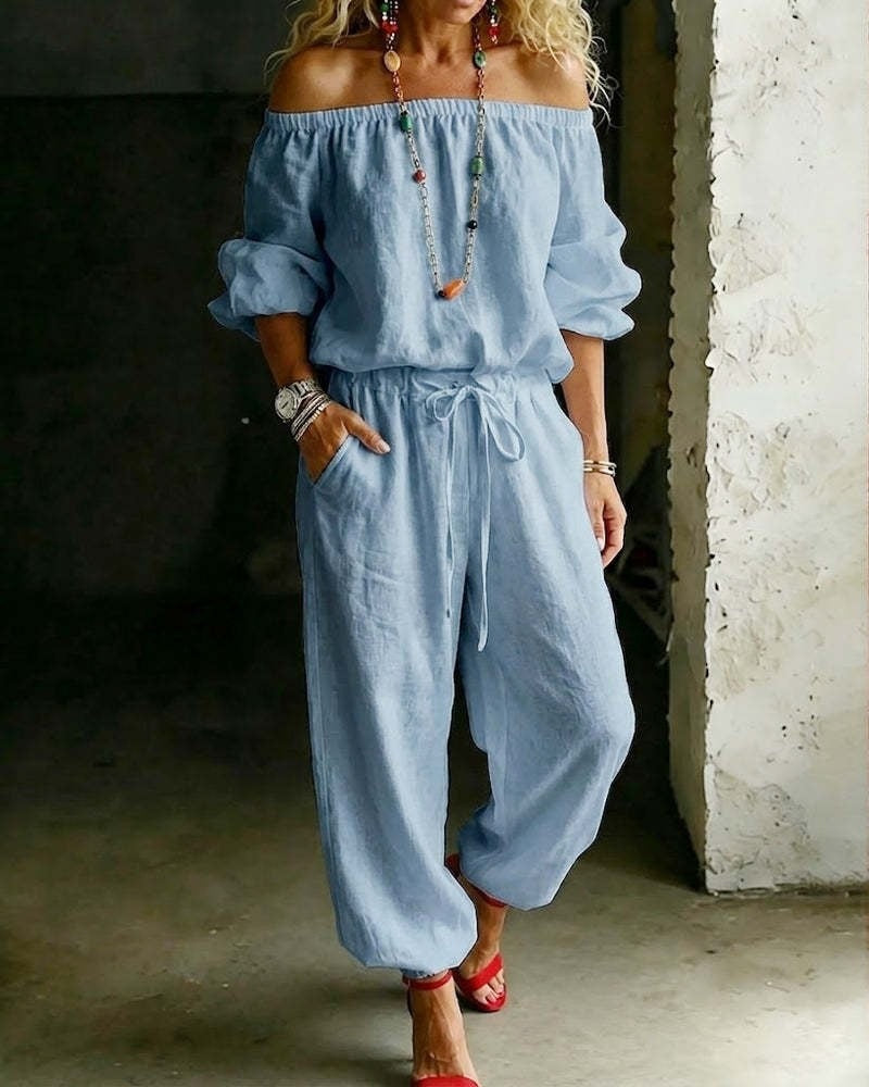 🌸 2026 Women’s Airy Linen-Style Two-Piece Set – Off-Shoulder Long Sleeve Top & Relaxed Wide-Leg Pants for Spring & Summer