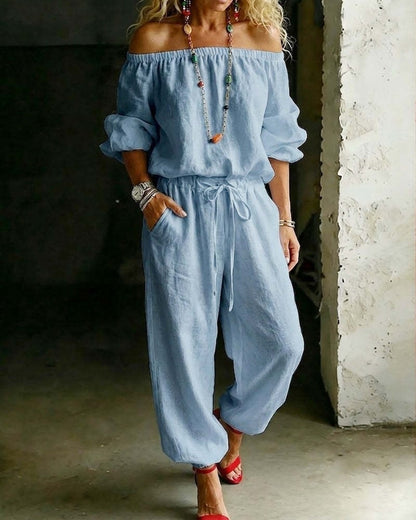 🌸 2026 Women’s Airy Linen-Style Two-Piece Set – Off-Shoulder Long Sleeve Top & Relaxed Wide-Leg Pants for Spring & Summer