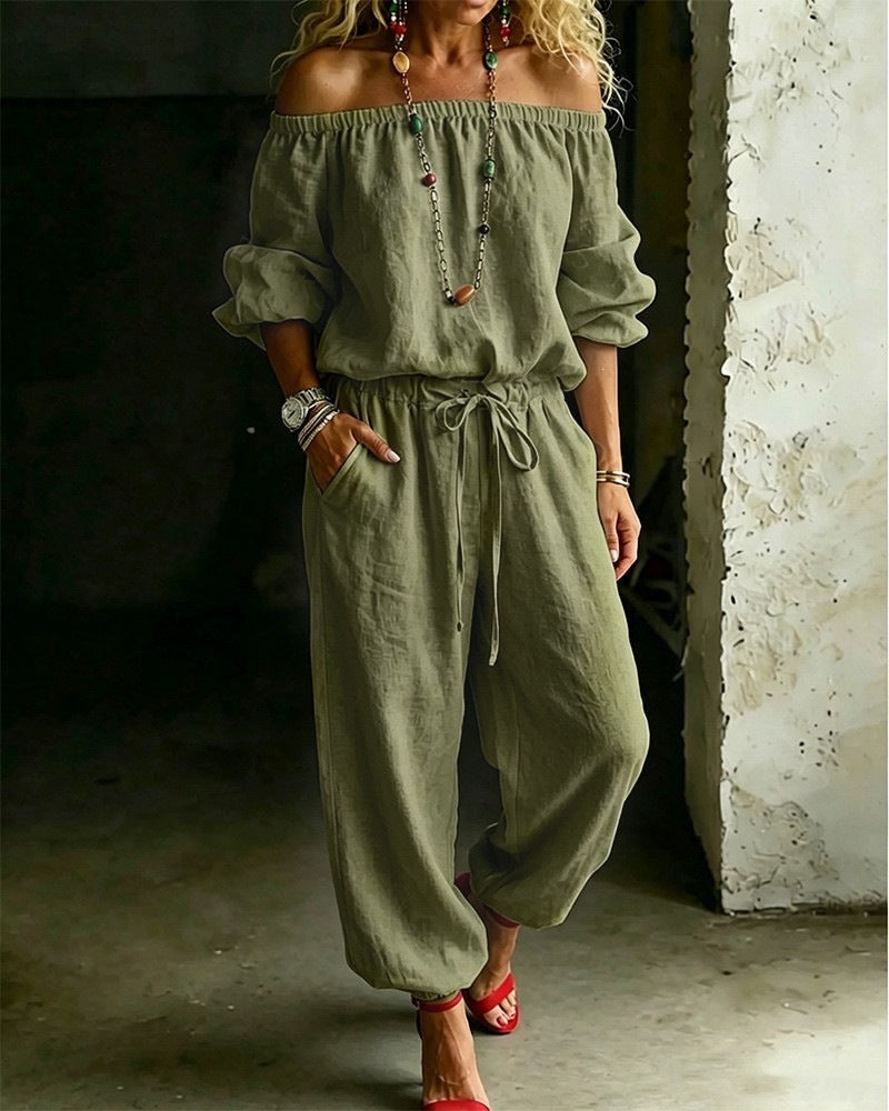 🌸 2026 Women’s Airy Linen-Style Two-Piece Set – Off-Shoulder Long Sleeve Top & Relaxed Wide-Leg Pants for Spring & Summer