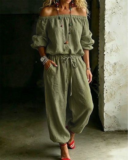 🌸 2026 Women’s Airy Linen-Style Two-Piece Set – Off-Shoulder Long Sleeve Top & Relaxed Wide-Leg Pants for Spring & Summer