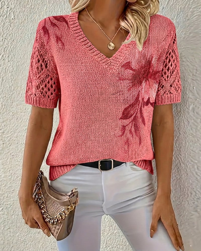 🌸2026 Women’s Airy Floral V-Neck Pullover -Breathable V-Neck Hollow-Out Short Sleeve Sweater for Spring & Summer