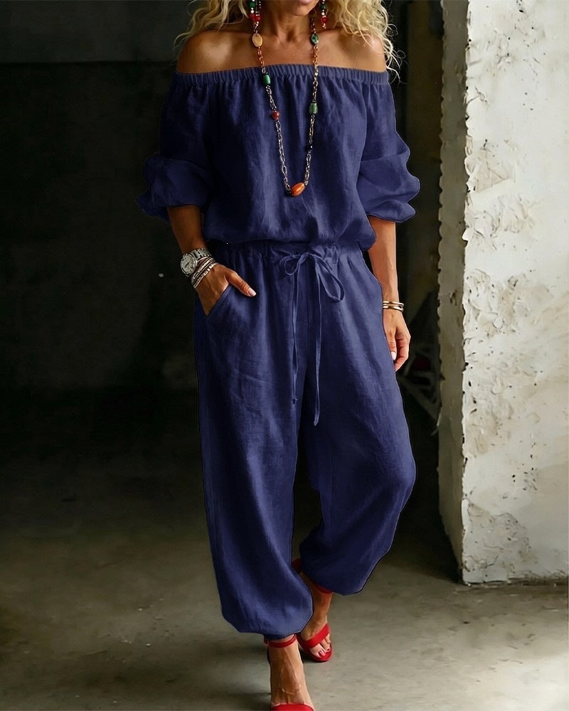 🌸 2026 Women’s Airy Linen-Style Two-Piece Set – Off-Shoulder Long Sleeve Top & Relaxed Wide-Leg Pants for Spring & Summer