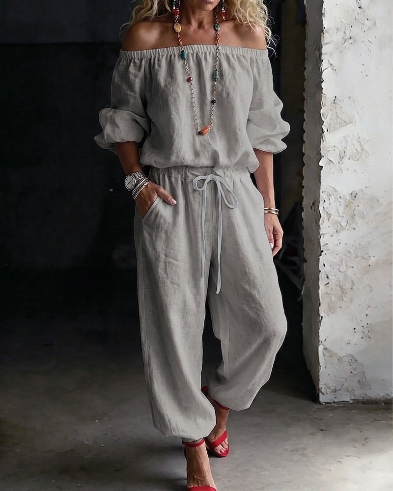 🌸 2026 Women’s Airy Linen-Style Two-Piece Set – Off-Shoulder Long Sleeve Top & Relaxed Wide-Leg Pants for Spring & Summer