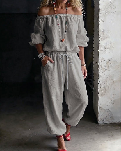 🌸 2026 Women’s Airy Linen-Style Two-Piece Set – Off-Shoulder Long Sleeve Top & Relaxed Wide-Leg Pants for Spring & Summer