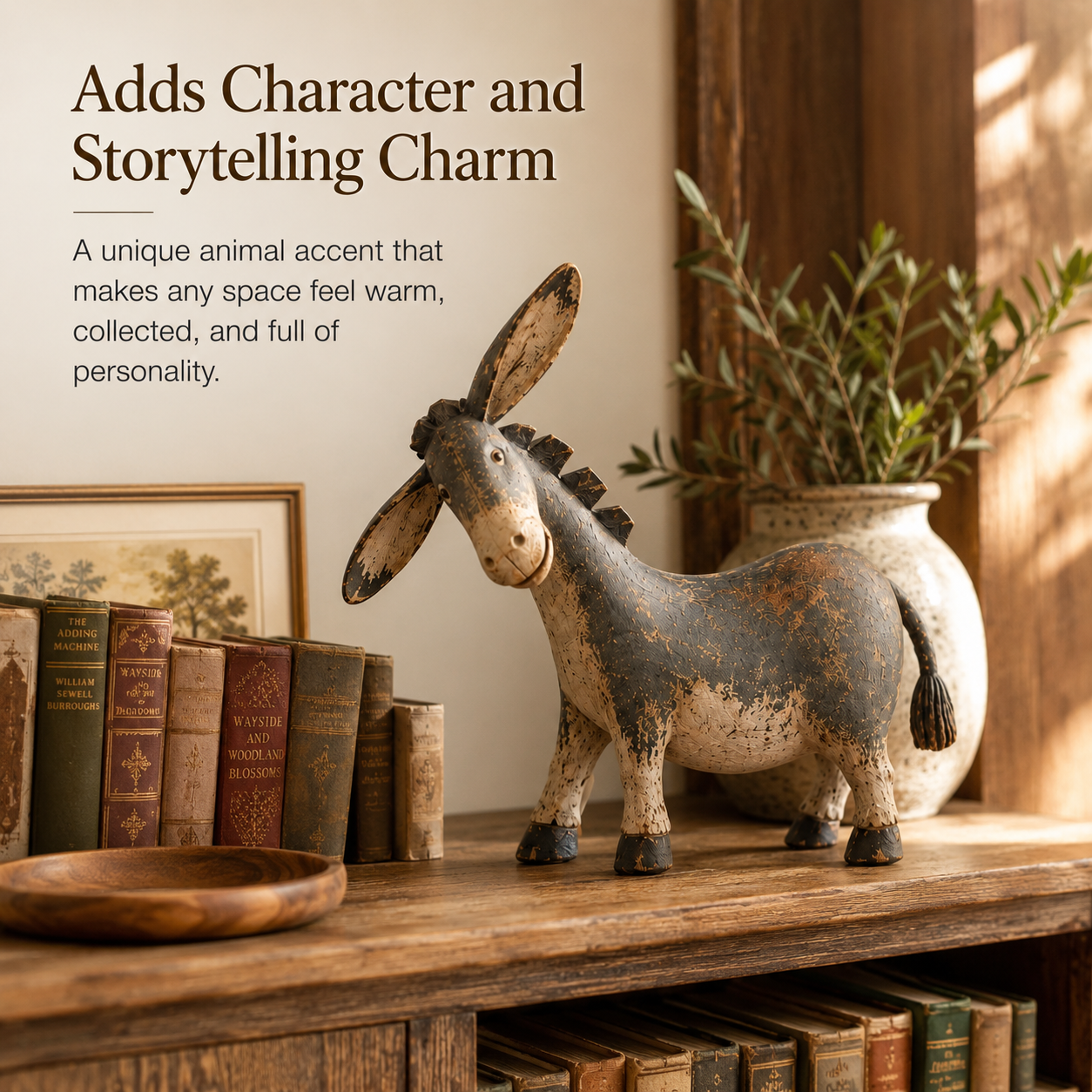 Rustic donkey figurine presented as a farmhouse decor gift