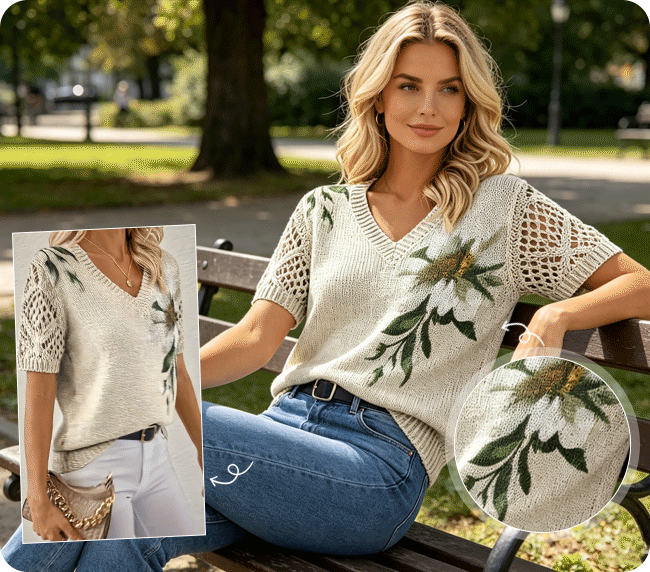 🌸2026 Women’s Airy Floral V-Neck Pullover -Breathable V-Neck Hollow-Out Short Sleeve Sweater for Spring & Summer