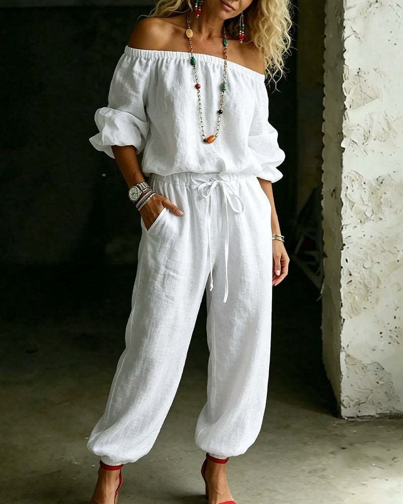 🌸 2026 Women’s Airy Linen-Style Two-Piece Set – Off-Shoulder Long Sleeve Top & Relaxed Wide-Leg Pants for Spring & Summer