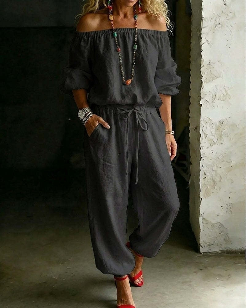 🌸 2026 Women’s Airy Linen-Style Two-Piece Set – Off-Shoulder Long Sleeve Top & Relaxed Wide-Leg Pants for Spring & Summer