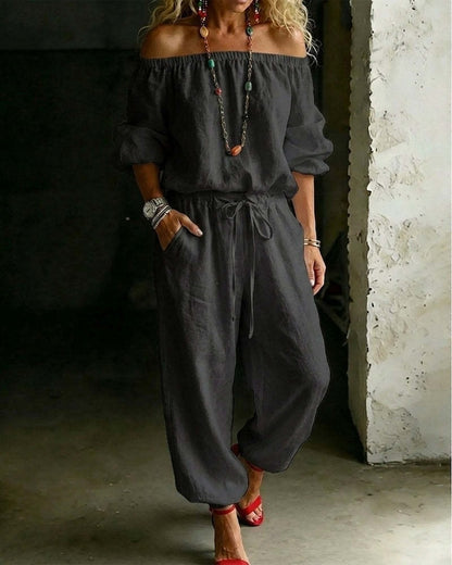 🌸 2026 Women’s Airy Linen-Style Two-Piece Set – Off-Shoulder Long Sleeve Top & Relaxed Wide-Leg Pants for Spring & Summer