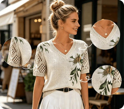 🌸2026 Women’s Airy Floral V-Neck Pullover -Breathable V-Neck Hollow-Out Short Sleeve Sweater for Spring & Summer