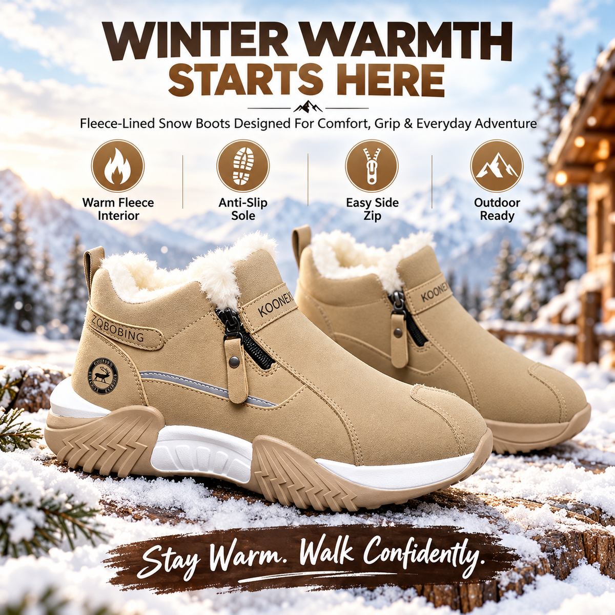 Warm Fleece Winter Snow Boots with Side Zip | Anti-Slip Outdoor Ankle Shoes
