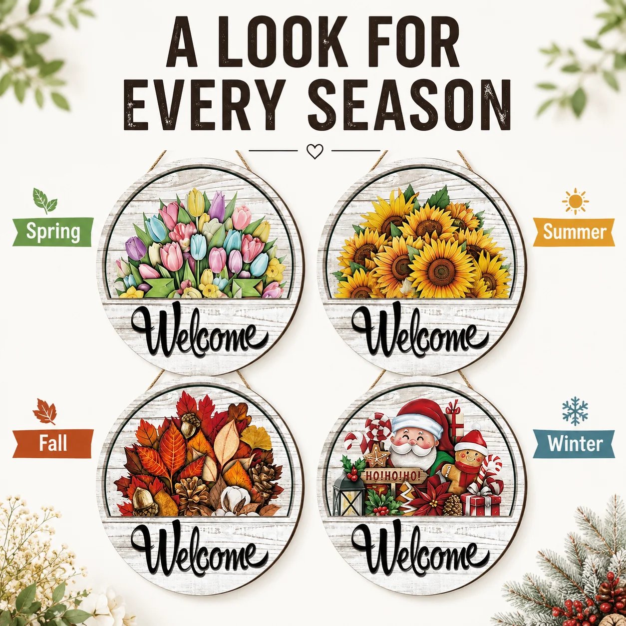 Interchangeable welcome sign styled for a seasonal front door