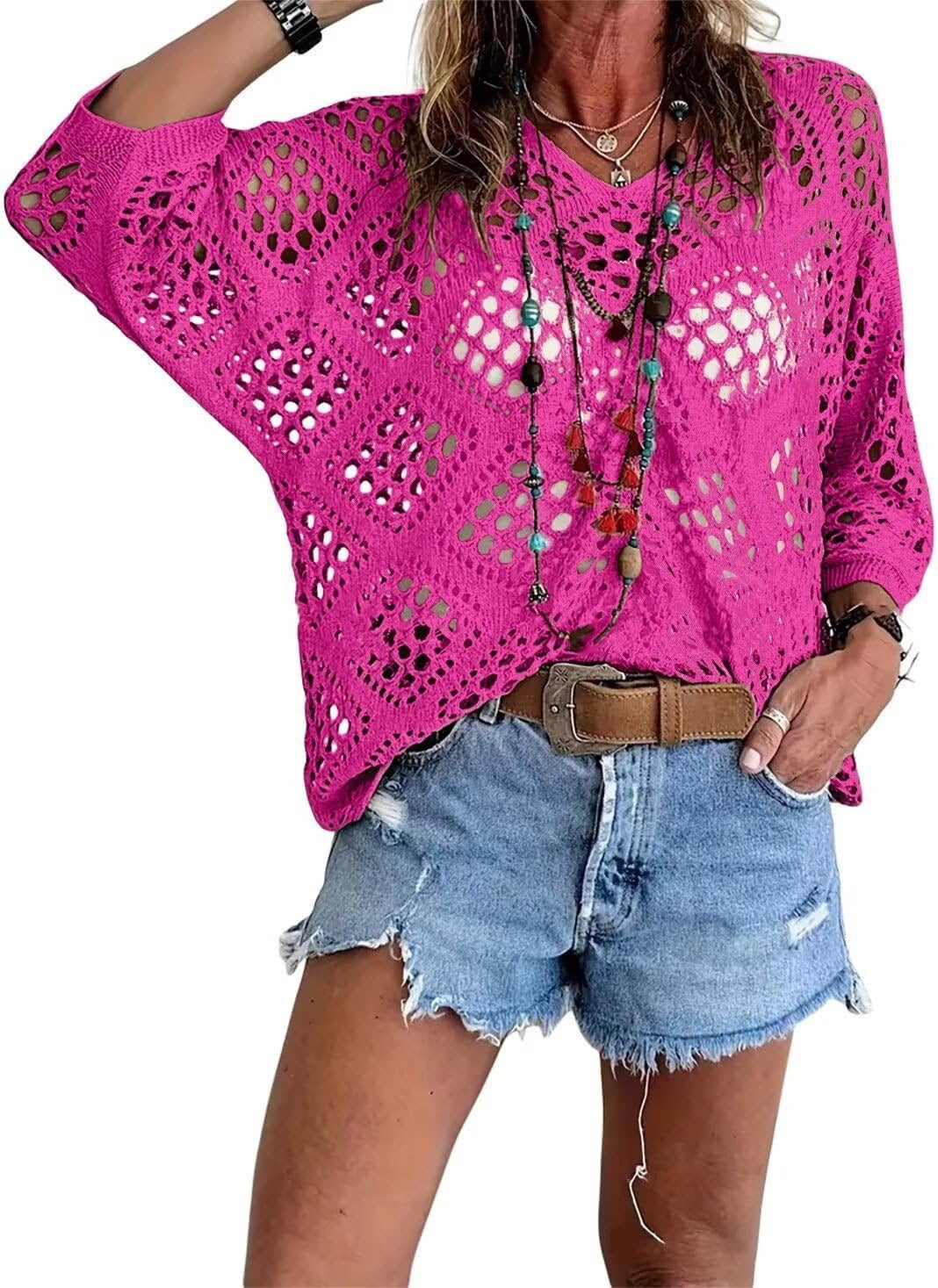 Women's Bohemian-Inspired Beige Crochet Top with V-Neck