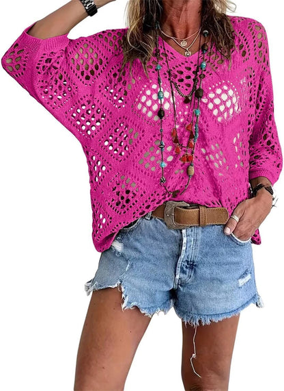 Women's Bohemian-Inspired Beige Crochet Top with V-Neck