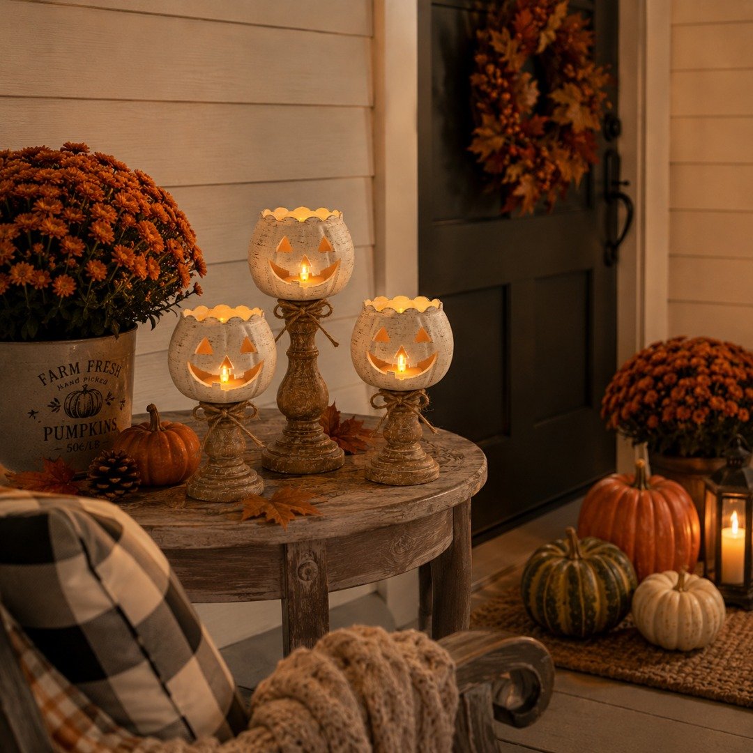 🎉Rustic White Pumpkin Tealight Candle Holder Set of 3