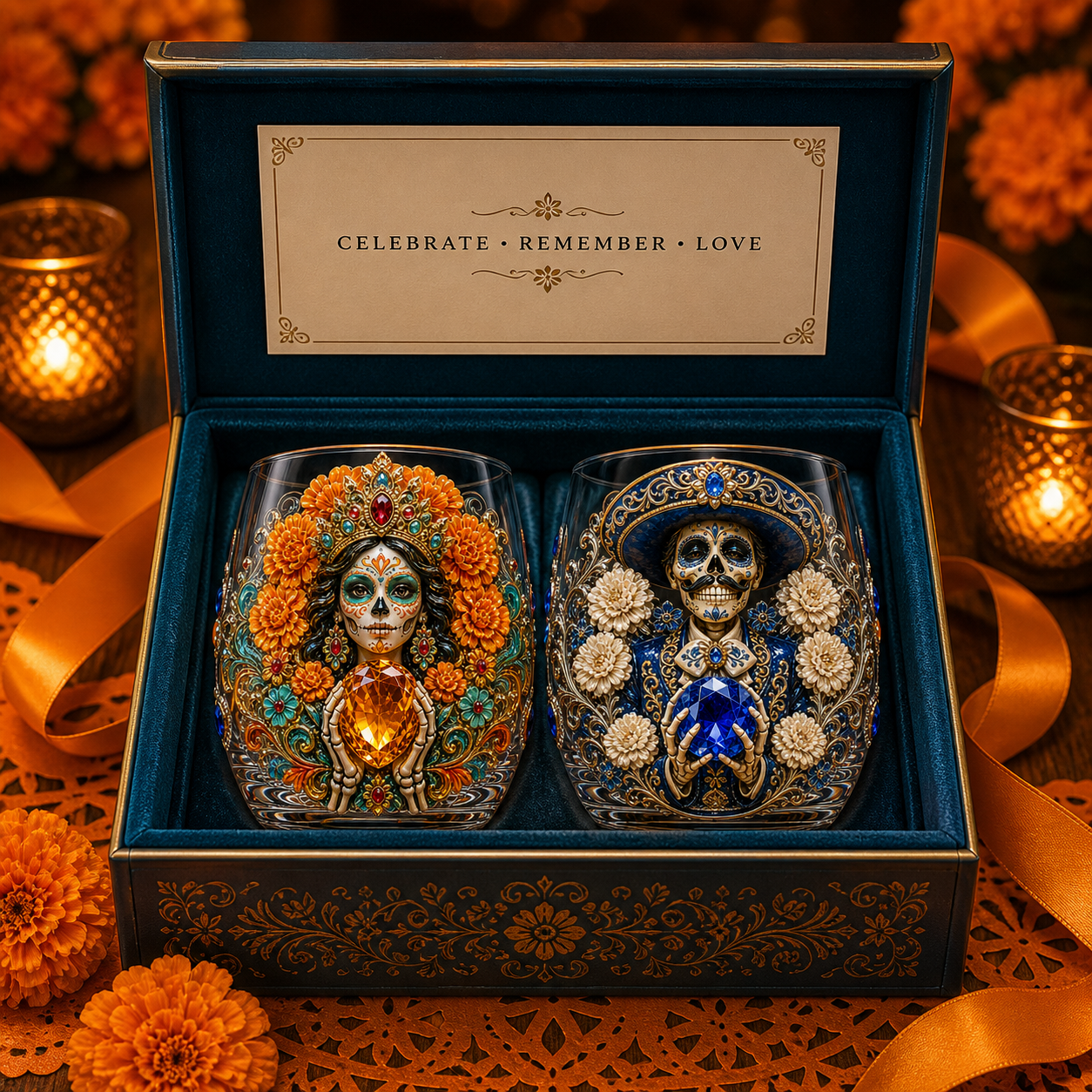 💀🌼 Día de los Muertos Crystal Glass Art Cup | Bright Raised 3D Calavera Glassware for Whiskey, Home Décor & Meaningful Gifts 🎁