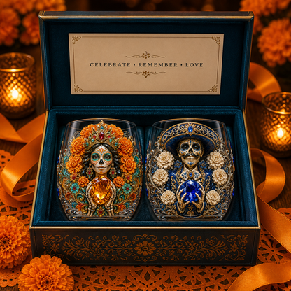 💀🌼 Día de los Muertos Crystal Glass Art Cup | Bright Raised 3D Calavera Glassware for Whiskey, Home Décor & Meaningful Gifts 🎁