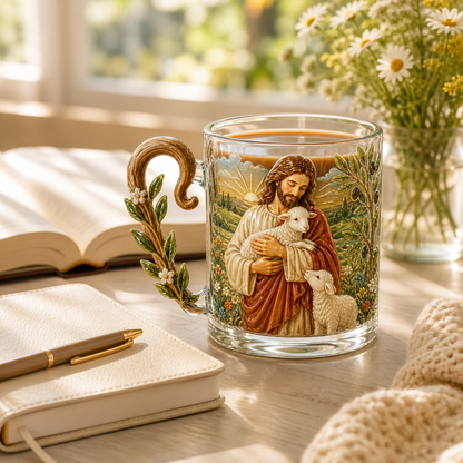 ✝️✨ 3D Sacred Faith Glass Mug | Raised Jesus & Virgin Mary Sculptural Glass Art Cup – 12 oz Christian Gift