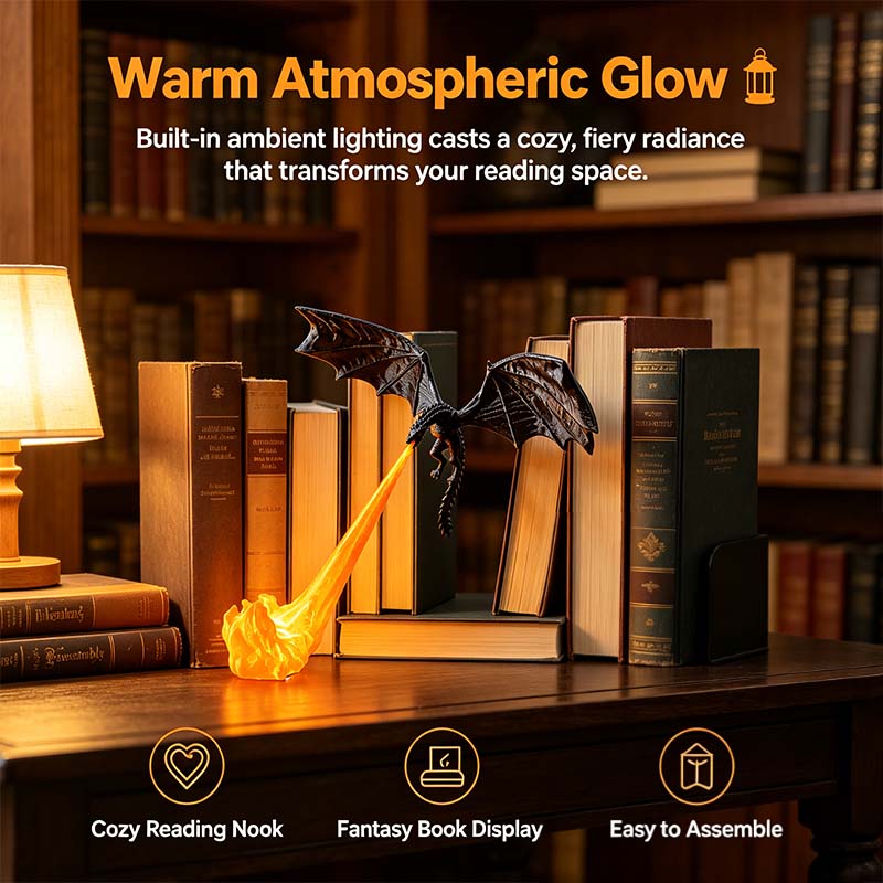 🐉🔥 Dragon Flame Book Nook – Mystical 3D Lighted Dragon Bookshelf Decor