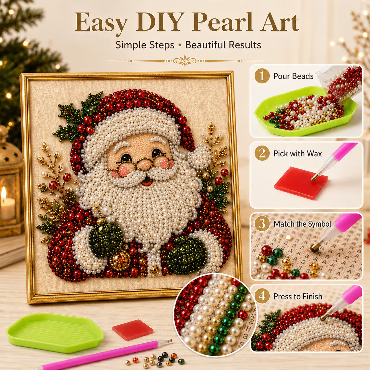 🎄 Premium 3D Pearl Christmas Diamond Painting Art Kit | Luxury Flocked Canvas with Scratch-Resistant Non-Fading Pearl Beads DIY Holiday Decor 🎅⛄️❄️