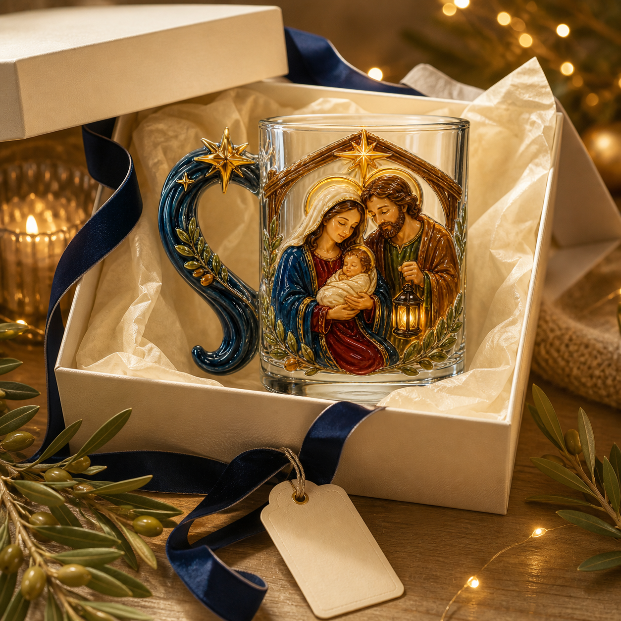✝️✨ 3D Sacred Faith Glass Mug | Raised Jesus & Virgin Mary Sculptural Glass Art Cup – 12 oz Christian Gift