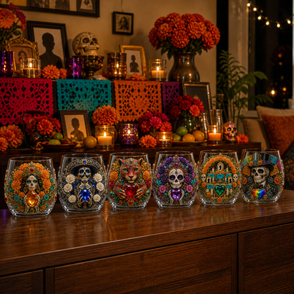💀🌼 Día de los Muertos Crystal Glass Art Cup | Bright Raised 3D Calavera Glassware for Whiskey, Home Décor & Meaningful Gifts 🎁