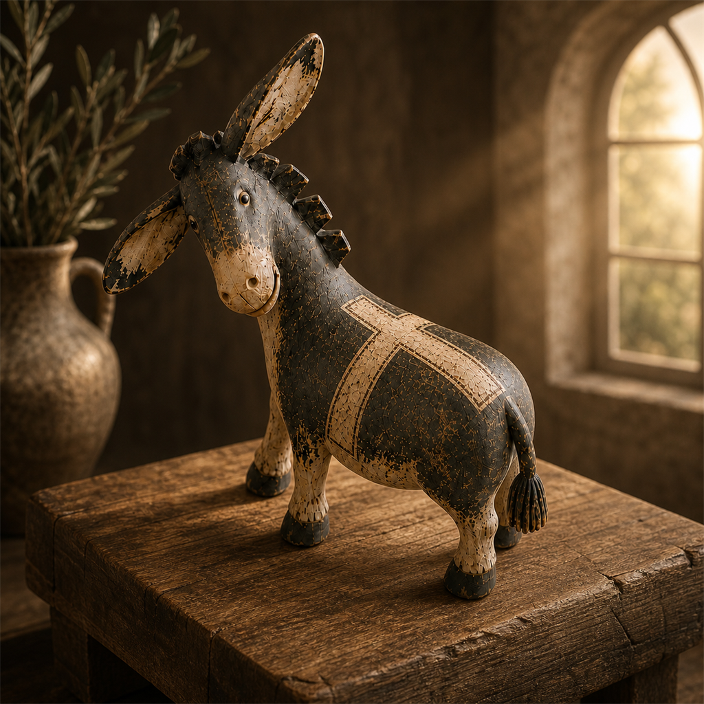 Faithful Donkey Keepsake as the centerpiece of a warm rustic Christian home scene