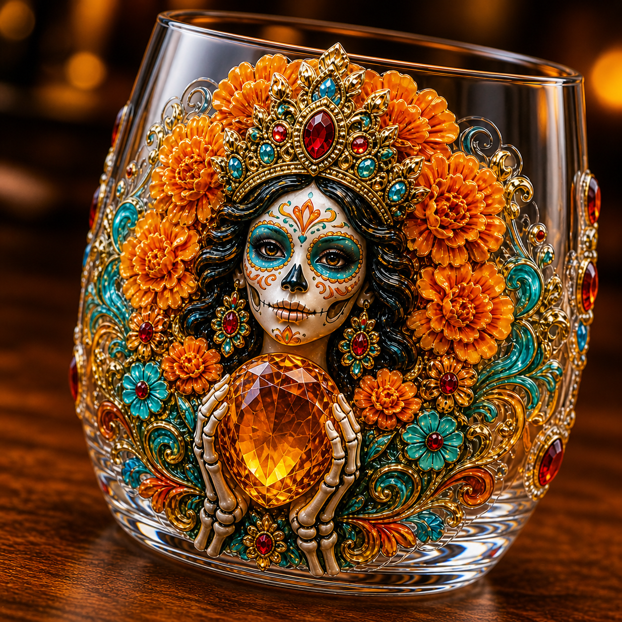 💀🌼 Día de los Muertos Crystal Glass Art Cup | Bright Raised 3D Calavera Glassware for Whiskey, Home Décor & Meaningful Gifts 🎁