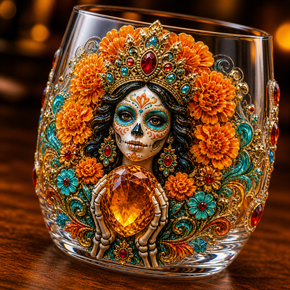 💀🌼 Día de los Muertos Crystal Glass Art Cup | Bright Raised 3D Calavera Glassware for Whiskey, Home Décor & Meaningful Gifts 🎁